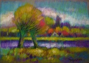 pejzaż WIEŚ WIERZBY JESIEŃ 34x49 pastel KRAJOBRAZ
