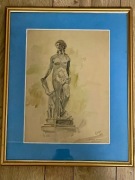 Obraz antyk (Posąg Diany) malowany akwarelą, sygnowany, w złotej ramie 