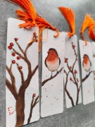 Akwarela Zakładka Tasiemka Książki Rudzik Ptak Jarzębina Prezent Rękodzieło