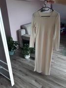 Długa beżowa sukienka sweterkowa prążkowana S na jesień nowa długi rękaw 