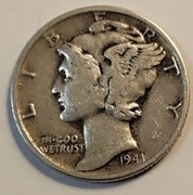 Mercury One dime 10 centów 1941 Philadelphia Srebro Junk Silver 
