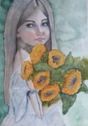 Obraz Akwarela Dziewczynka z bukietem słoneczników 42 x 59,4 cm 