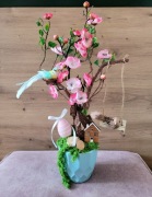 Wiosenno wielkanocny stroik Drzewko kwiat jabłoni Ptaki Mech Jajo Kora