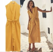 ZARA sukienka midi z paskiem, tkanina z lnem, kolor żółty musztardowy, r. M
