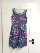 Elegancka ciemnoszara rozkloszowana sukienka w kwiatki kwiaty 42XL