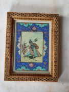 Perski miniaturowy obraz mozaikowy w ramce Khatam Kari, Vintage 
