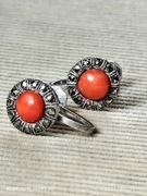 Srebrne klipso-kolczyki - srebro 925 - koral + markazyty - Sveden 