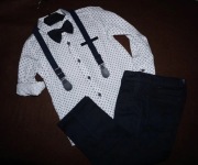 Elegancki komplet chłopięcy 98 koszula mucha spodnie szelki