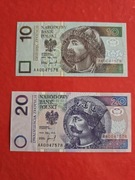 Banknoty polskie parka 10 i 20 zł, ten sam numer. 1994 r.