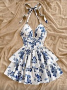 Sukienka halter w niebieskie kwiaty, gorsetowa, falbany nowa różne rozmiary