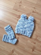  Błękitny komplet handmade Czapka z Pomponami + Mitenki