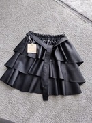 czarna elegancka damska rozkloszowana spódnica eco skóra falbany S M 