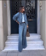 Nowy komplet jeansowy Zara spodnie z szerokimi nogawkami kurtka bomber M 