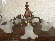 Stylowy Żyrandol 5 kloszy Mosiądzowany Drewno Vintage Antyk
