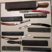 Retro zestaw dla barbera - brzytwy, paski, osełki - Solingen, USA, Odessa