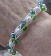 Bransoletka damska makramowa z zielonymi, szklanymi kamieniami,prezent,