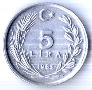 TURCJA 5 lirów 1983, KM# 949.2, AU