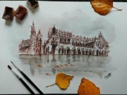 Kraków Sukiennice w deszczu akwarela obraz oryginał