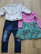 Zestaw ubranek 104 bluza, spodnie dżinsowe, sukienka