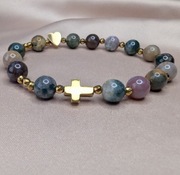 Bransoletka różaniec kamienie agat indyjski krzyżyk serduszko prezent 