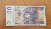 Banknot 20 zł obiegowy BX7072707 ładny radar lustro