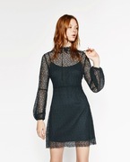 Zara SUKIENKA Z GIPIURY Z DŁUGIM RĘKAWEM Butelkowy XS 