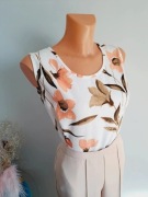 Lniana bluzka C&A Canda 42 beżowa kwiaty bez rękawów lato