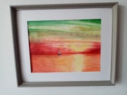 ZACHÓD SŁOŃCA, MORZE, ŁÓDKA. AKWARELA  30X40 CM