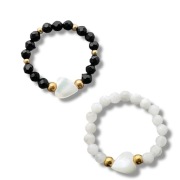 Pierścionek na gumce koraliki Czarne/ Białe serce masa perłowa