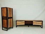 Zestaw orzech, drewno – szafka RTV + barek, stal, żywica, loft