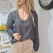 Copenhagen Luxe  – szara bluzka z koralikami, bawełna/jedwab, rozm. S