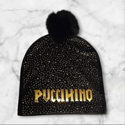 Luksusowa czapka welurowa PUCCIHINO PREMIUM złote cyrkonie i pompon jenota 