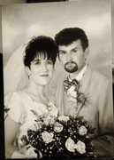 Portret, obraz olejny na płótnie na podstawie czarno-białej fotografii.