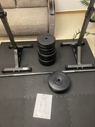 Zestaw do ćwiczeń, stojaki, gryf, 80 kg obciążeń,mata