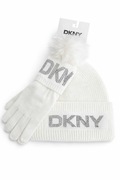 DKNY komplet zimowy czapka + rękawiczki | NOWY z metkami LUX WHITE POMPON