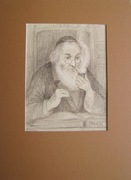 Judaica ŻYD PALĄCY FAJKĘ rysunek kredką 17,5x13cm + passe-partout 30,5x22cm