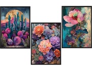 Zestaw 3 plakatów 50x70 -  Pastelowe,kolorowe,sukulenty,kwiaty