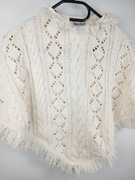 Białe poncho sweterkowe z frędzlami ażurowe styl boho 104 3/4l