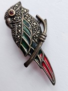 Srebrna broszka PAPUGA  6g Markazyty i Emalia | Vintage Art Deco