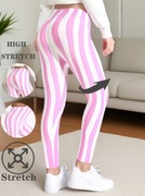 Damskie sportowe legginsy do jogi i fitness - biało-różowe paski XL