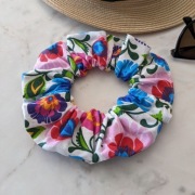 Gumka scrunchie bawełna, folk łowicki biały