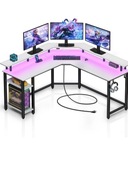 Biurko Gamingowe L Rolanstar LED Porty Półki Białe