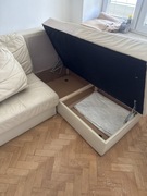 Narożnik, Kanapa, beżowy, skóra w widocznych miejscach, otwierany.