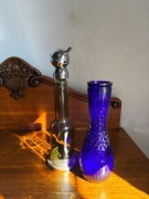 Karafka na olej + duży wazon niebieski kobalt Prądniczanka PRL