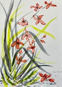 Dzika różowa orchidea, japońskie malarstwo sumi-e, tusz. Original Akwarela