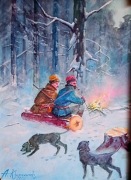 "MYŚLIWI PRZY OGNISKU"- OBRAZ OLEJNY NA PŁÓTNIE  45x35