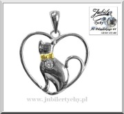 Srebrny wisiorek kot w sercu z cyrkonią srebro 925