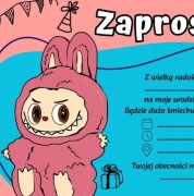 Zaproszenie na urodziny z LABUBU, zawiera kopertę 