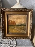 Obraz olejny na szkle w starej ramie drewnianej – jesienny pejzaż vintage