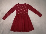 Wiśniowa złota elegancka tiulowa sukienka w kropki VRS 134 - 140 jak nowa